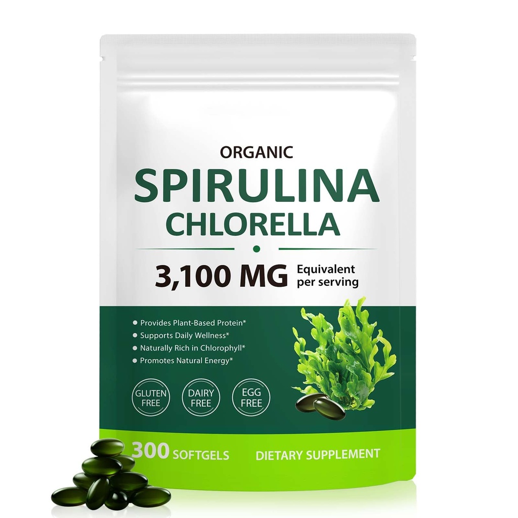 Tiuedu Spirulina Chlorella Softgeels 300 Kapsul, 17 di 1 Green Nutrient Black Spirulina Chlorella Softgels, Rich in Plant Protein, Vitamin, Chlorofil, Mudah untuk Ambil Softgel