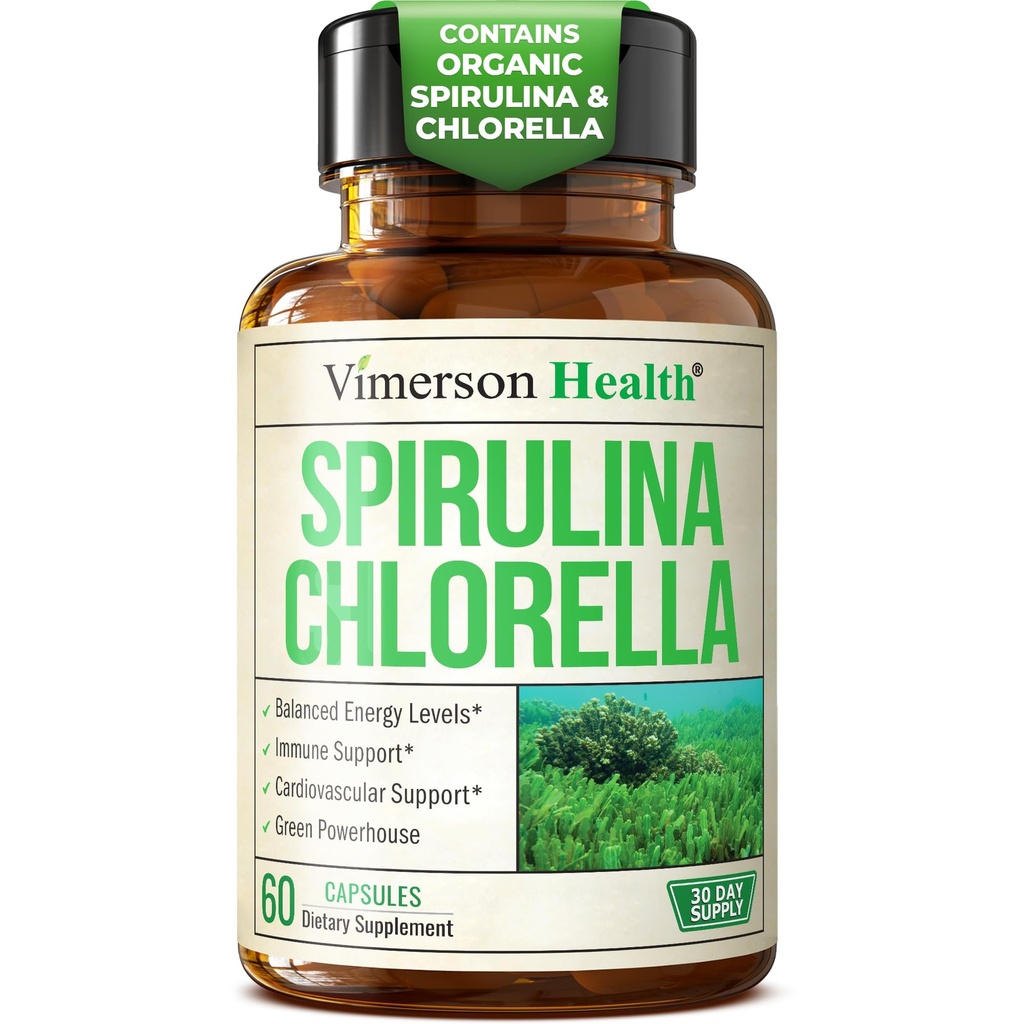 Spirulina dan Chlorella Capsules - Spirulina Capsules dengan Chlorella Powder untuk Imune, Antioksidant & Energi Dukungan. Super Green yang unik. Pesta ketiga Diuji. 60 Caps