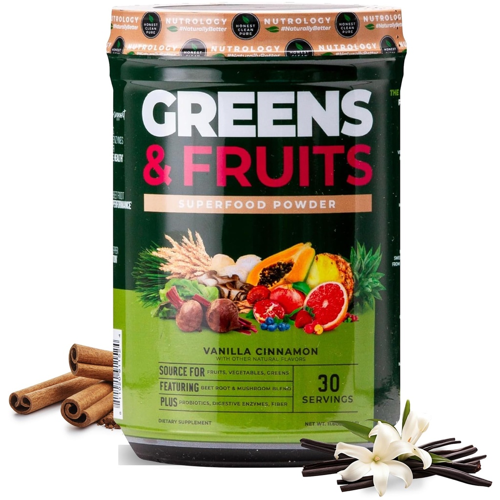 Nutrologi Hijau & Fruits Powder Alami Sourced Superfood, Beet Powder, Mushroom Blend, Progories, Digetical Enzymes, Fiber, Antioksidants, Imune Dukungan, Glute Free - Vanilla Cinnamon