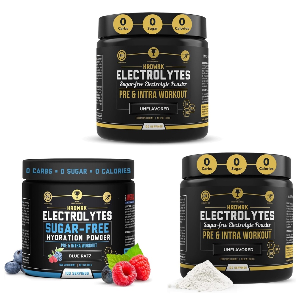 HRDWRK - 100 Servings Keto Electrolytes Powder Sugar Free - Electrolite Powder to Boost Endurance & Reduce Fatigue with Electrolytes Supplement (Unflashted Set of 2 & Blue Razz)