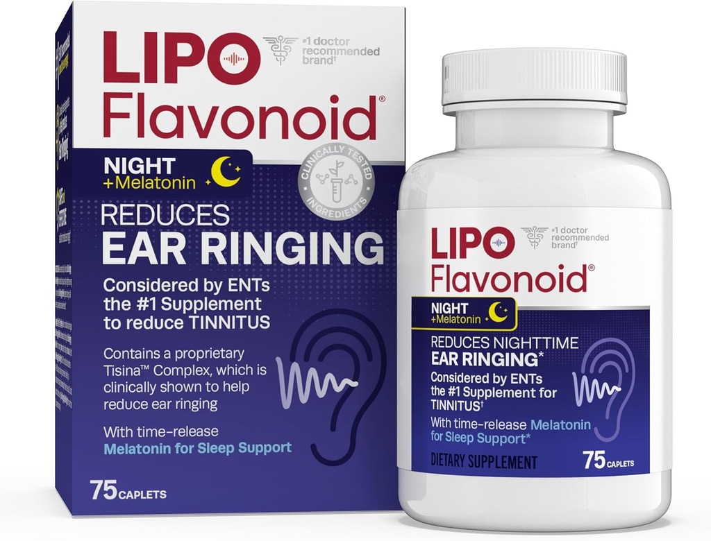 Lipo- Flavonoid Nighttime PM for Tinnitus Relief - Sleep Aid with Meltonin, Bioflavonoid, & Vitamin C - ringing in The Ears, Ear Health, & Relaxation - Gunakan dengan Lipo- Flavonoid Plus - 75 Caplets