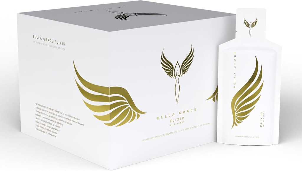 Bella Grace Elixir Collagen Peptides Supplement for Skin Care & Health with Verisol Collagen, Asta Real Astaxanthin, and Cat 's Claw, Supports Collagen Regeneration, Antioksidant Protection, 30 Servings