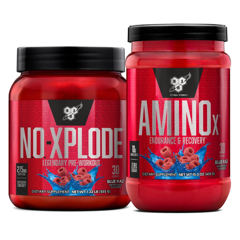 BSN Workout Bundle of NO XPLODE Pre Workout Powder Blue Raz, 30 Servings AMINO X Muscle Recovery Intra Workout Dukungan, Caffeine Free Blue Raz, 30 Servings