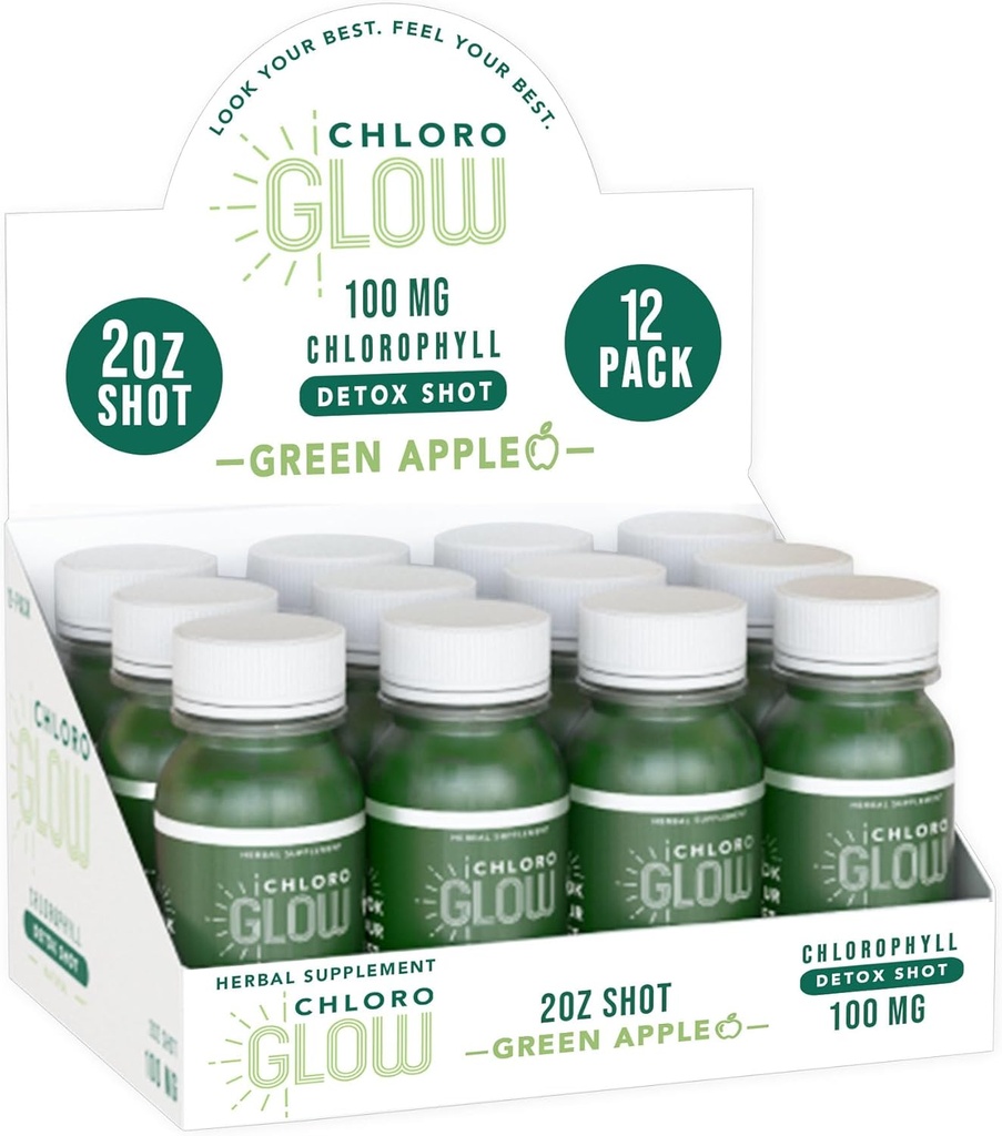 Chloroglow Chlorofil Shots - tanaman organik - berbasis Green Apple Drink untuk dukungan kekebalan tubuh & Badan Cleanse - Persediaan Alam (12 Pack)