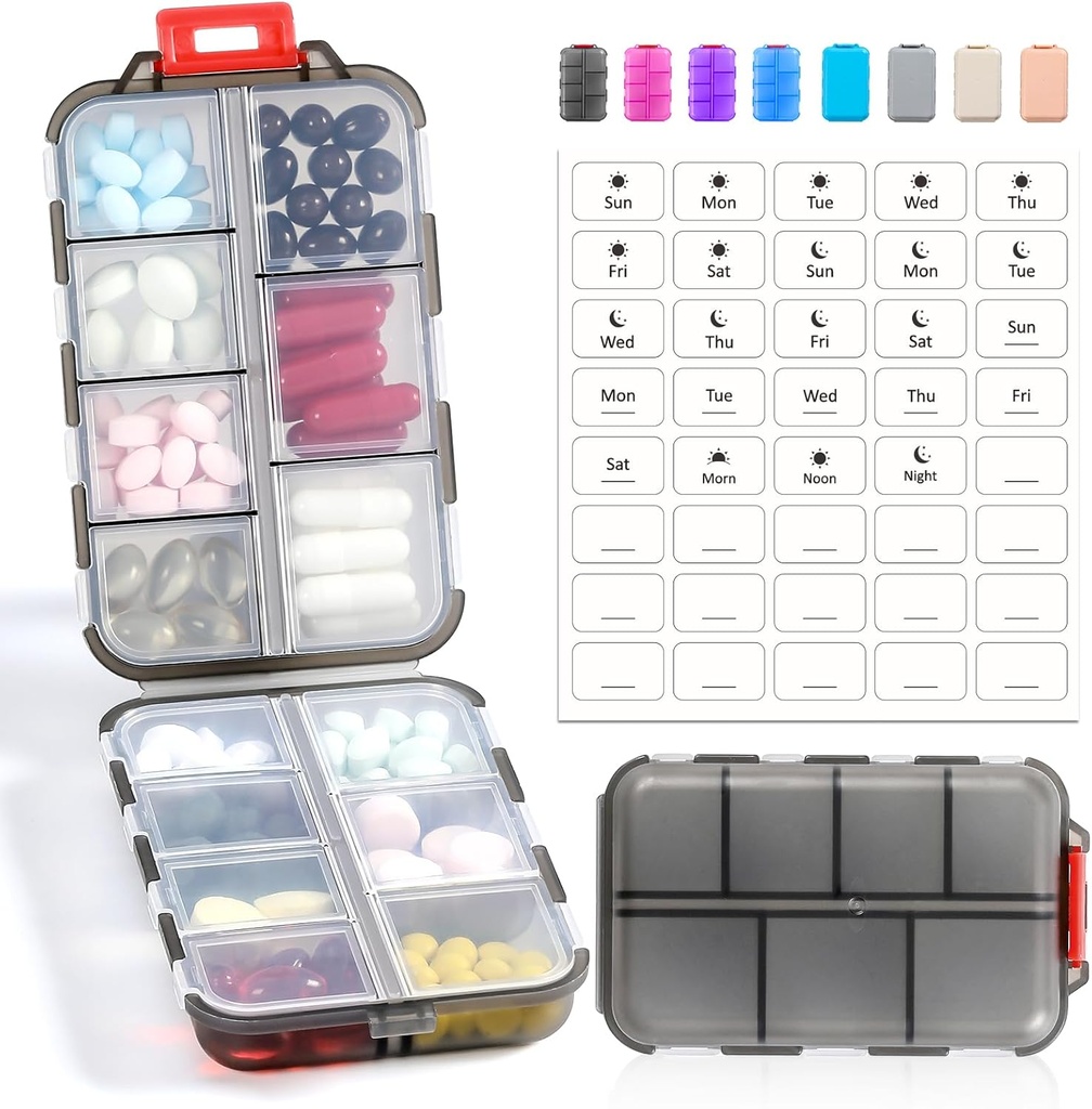14 GRIDS Travel Pill Organizer Box with Label - Travel Medicine Case Kit - Pocket Daily Pharmacy Container - Travel Medication Holder Dispenser for Fish Oil Vitamin Suplemen Penyimpanan - Clear Gray