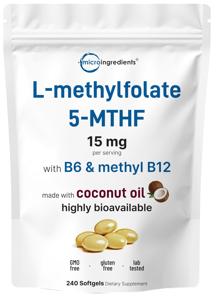 Mikro Ingrediens L Methylfolat 15mg, 240 Softgeels 124; Aktif 5-MTHF dengan B6 & Metil B12; Metode Vitamin B9 dengan Coconut Oil