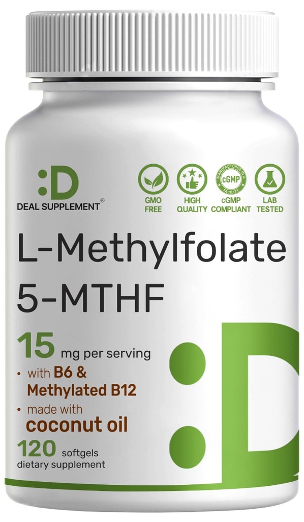 DEAL SUPLEMENT L-MEthylfolat 15 mg Per Serving, 120 Coconut Oil Softgels 124; 3-in- 1 dengan Aktif 5- MTHF Methylated Vitamin B9, B6 & Methylated B12 124; Active Floty Suplemen 124; Non-GMO, Gluten Bebas
