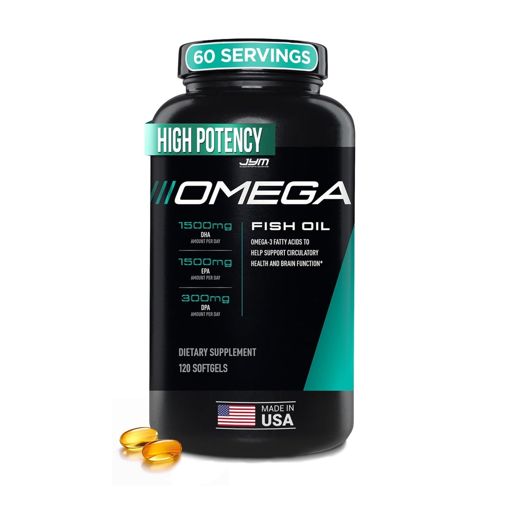 JYM Tambahan Sains Omega JYM Minyak Ikan 2800mg, Potency Tinggi Omega 3, EPA, DHA, DPA for Brain, Heart, & Gail 120 Soft Gels