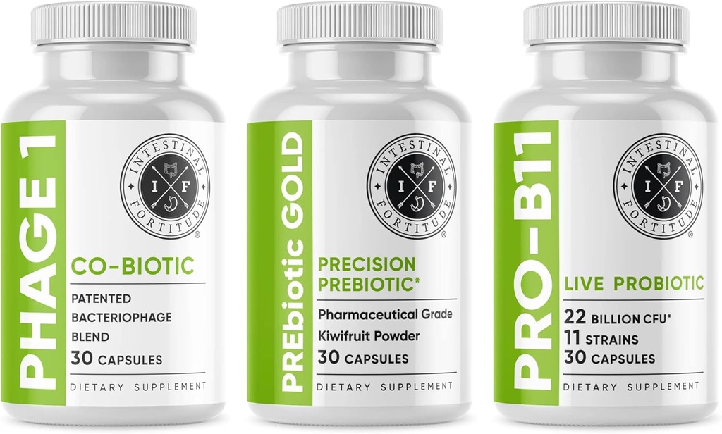 Instinal Fortitude Gut Supplement Bundle - PREbiotic Gold, Prof-B11, Phage 1 - w / Gold Kiwifruit Pectin, SCFas, dan 22 Milyar CFU untuk Dukungan Microbiome, Gluten, Soy, & DairyFree Capsules
