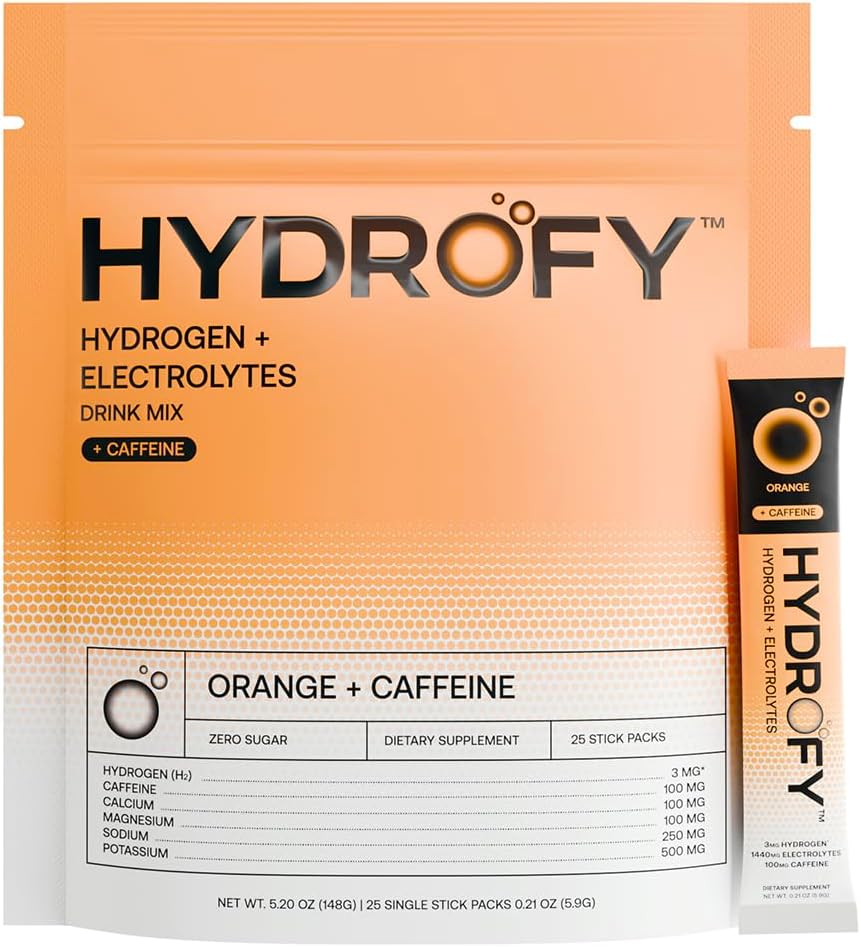 Hydrofy Hydrogen Water + Electrolytes Minum Mix 124; H2 Paket Hidration dengan Molekular Hydrogen, Sodium, Potasium, Magnesium, Kalsium, dan Mineral 124; Tidak Ada Gula 124; Orange + Caffeine 25 ct