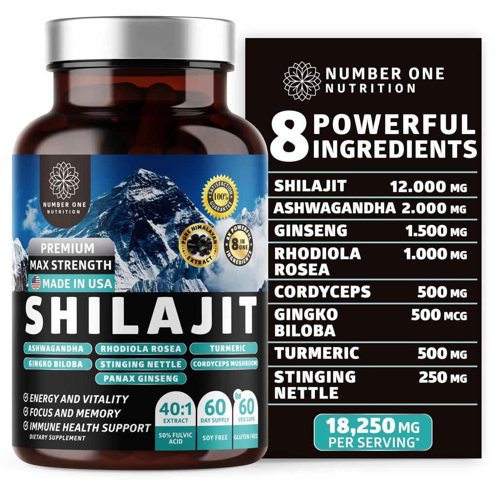 Himalaya murni Shilajit untuk Perempuan dan Pria [50% Fulvic Acid] Lebih baik daripada Resin dengan Ashwagandha, Ginseng, Turmeric, Gingko Biloba, Stinging Nettle, Cordyceps untuk mendukung Energi & Imunitas, 60Caps