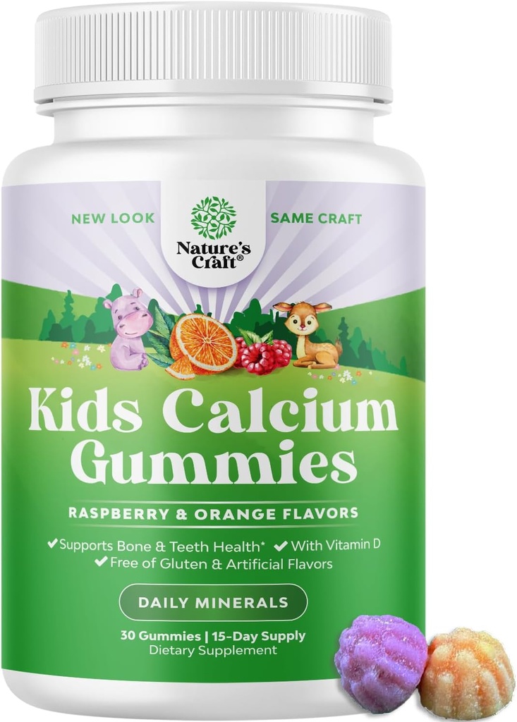 Natures Craft Kid Calcium Gummies - Vitamin D & Kalsium Gummies for Children - Vitamin with & D for Muscle Bone Development Glatin- Free Kosher Chidrens 30ct (1 Pack)