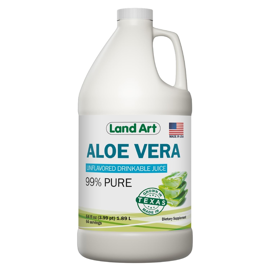 Land Art - Pure Aloe Vera Juice Unfeated - Cold- Processed - 99,7% Organic Aloe Vera Inner Fillet dari Fresh Texas Leaves - Digetical Health, Detox dan Natural Wellness - 64 fl oz