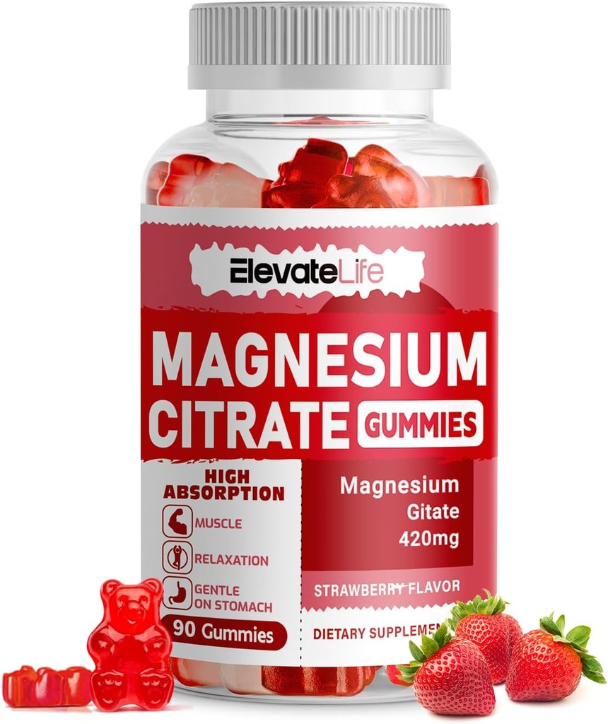 Magnesium Glycinate Gummies 1000mg - Sugar Free Magnesium Potsium Suplemen dengan Vitamin D, B6, CoQ10 untuk Calm Mood & Sleep - 60 Strawberry Gummies