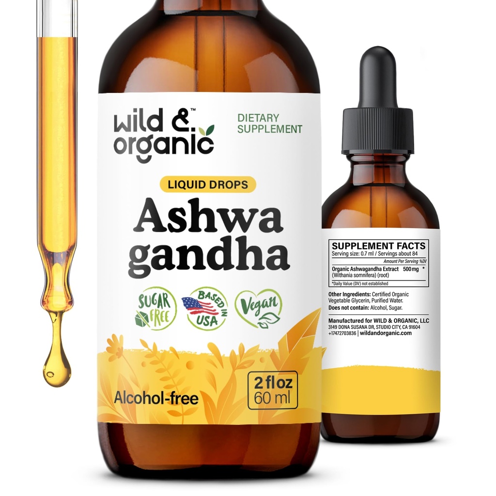 Wild & Organic Ashwagandha Liquid Drops - Calming Ashwagandha Root Extract for Relaxation - 1-Month Supplemen untuk Perempuan dan Pria - Vegan, Sugar & Alcohol- Free Tacture - 2 fl oz