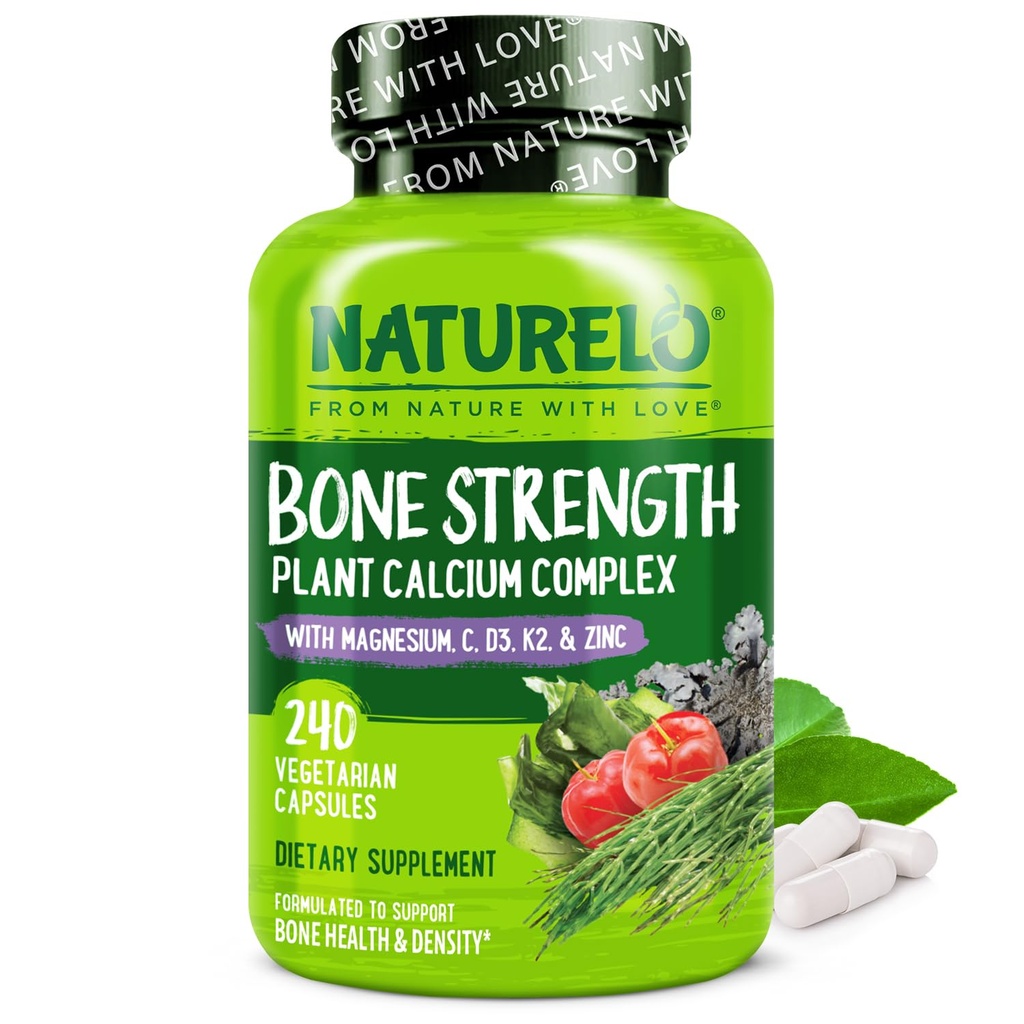 NATURELO Calcium Suplemen - dengan Vitamin C, Vitamin D3, K2, dan Kalsium Magnesium Zinc untuk Kekuatan Tulang dengan Kalsium 600mg - Plant - Berdasar, 240 Vegetarian Capsules, Non-GMO, Soy & Gluten- Bebas