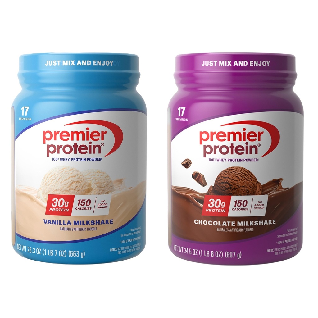 Bundle of Premier Protein 100% Whiy Powder Tubs, Chocolate Milkshake + Vanilla Milkshake