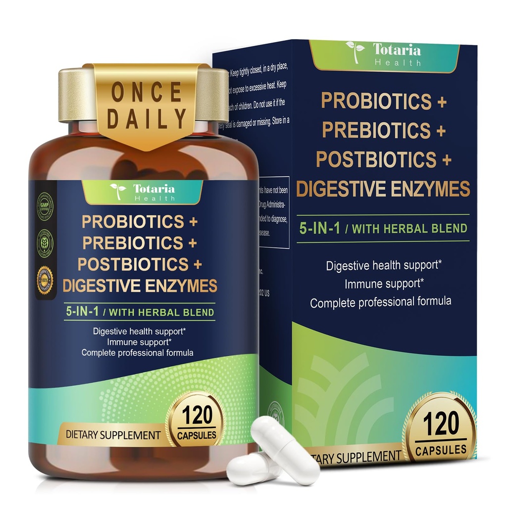 Totaria 5-in- 60 Milyar CFU Probiotic Prebiotic & Postbiotic for Women & Men, w / Digetical Enzymes, Slippery Elm, Daily Complete Gut Health, Digeaty & Imune Dupport, 4 Bulan Supply, Vegan