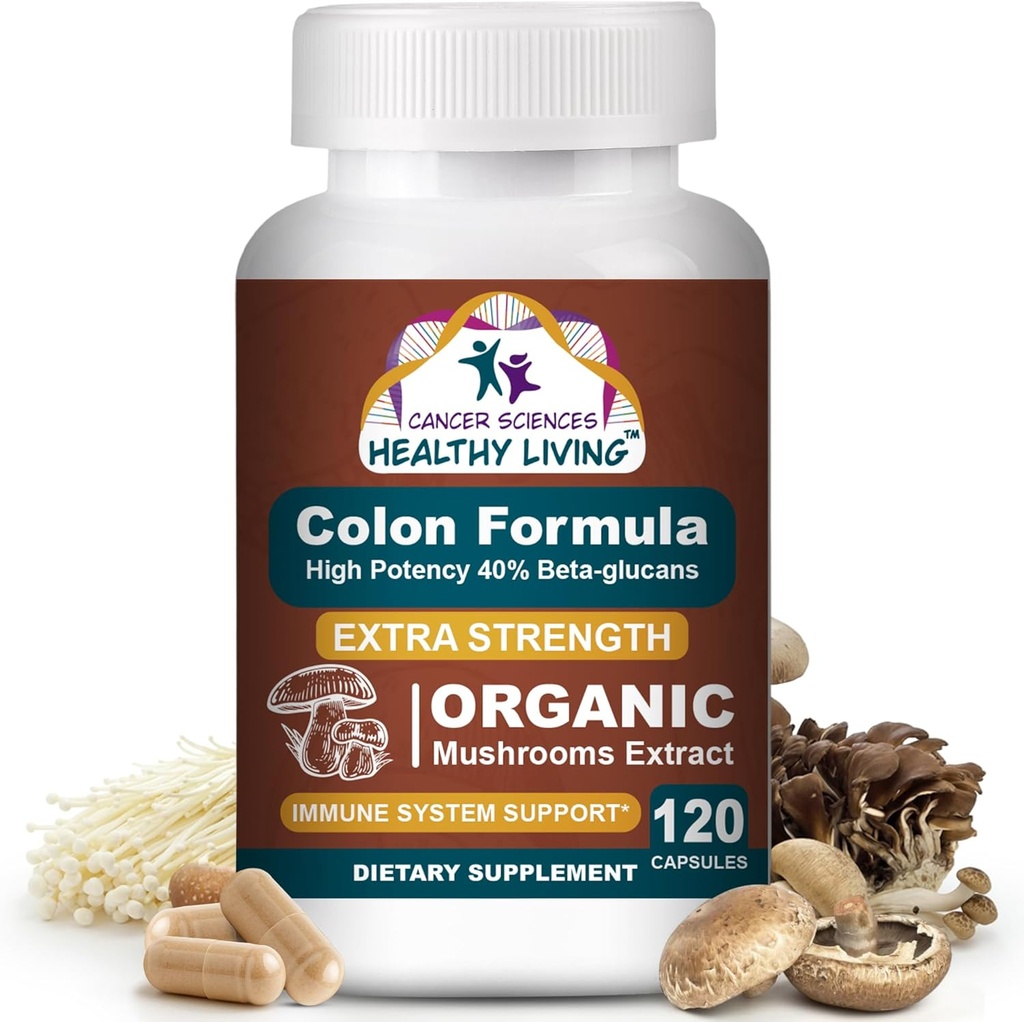 Ilmu Kanker Colon Wellness Supplement, USDA Certified Organic Mushroom Extra 1.500 mg, High Potency 40% Beta- Glans, Imune, Gut & Digetical, Colon Cleanse & Detox, 120 Caps