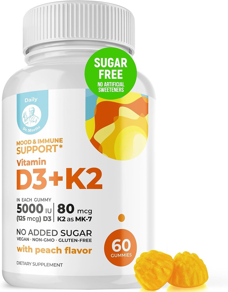 DR. MORITZ Vitamin D3 Gummies (5000 IU) with K2 - for Dewata and Kid - Vitamin D3 K2 Gummies for Imune Dupport & Bone Health - Vegan, Sugar Free, Gluten Free (60 Count)
