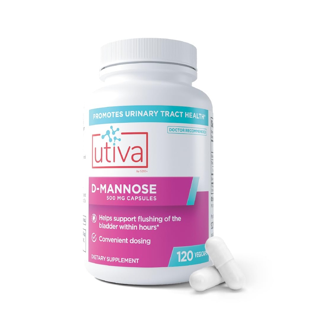 Szio + Utiva D-Mannose 500mg Capsules - Alami Flush The Bladder and Urinary Tract - UTI Avovation - D Mannose Suplemen untuk Perempuan - Mendukung Penyimpangan Tract Uriner Infeksi, 120 Capsules