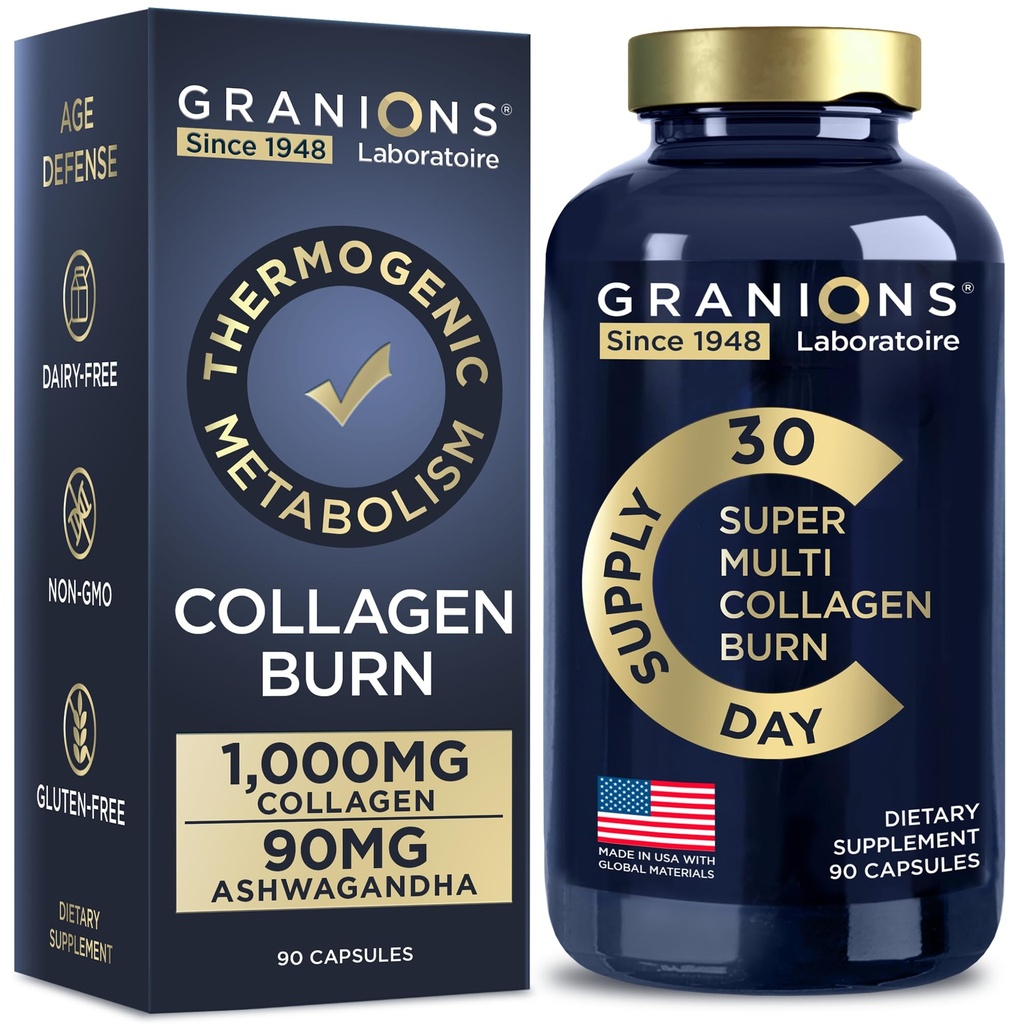 Granion Thermogenic Hydrolyzed Collagen Burn - Hyaluronic Acid, Vitamin C - Cellulite Defense dan Dermal Reparts Multi Collagen Peptides Capsules for Women and Men - 90 Pil