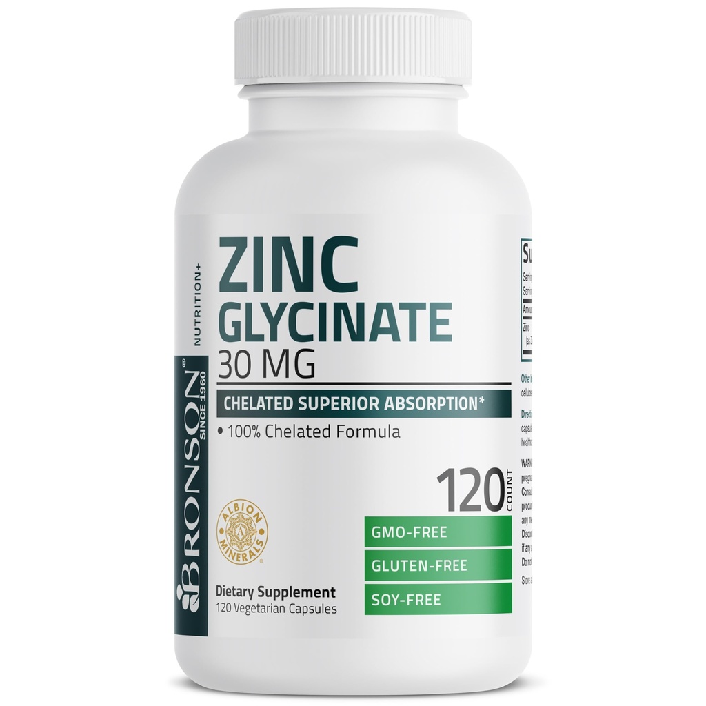 Bronson Zinc Glycinate 30mg Cheleted Superior Absorpsi 100% Didukung Formula Non- GMO, 120 Vegetarian Capsules