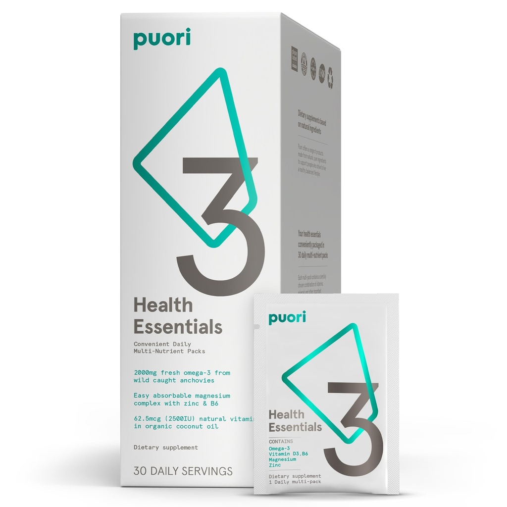 Puori P3 Health Esentials - Multivitamin untuk Pria dan Perempuan - 30 Servings - Omega 3, Vitamin D, Magnesium, Zinc - Multi- Nuttrient for Brains and Energy