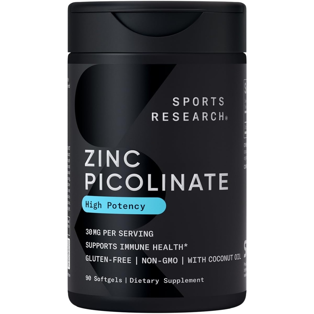 Sports Research High Potency Ventient Zinc Picolinate 30mg dengan Poil Organic Coconut 124; Sangat Absorbable Zinc Suplemen Kesehatan & Enzymune Fungsi - Non-GMO Tered & Gluten- Free (90 Liquid Softgels)