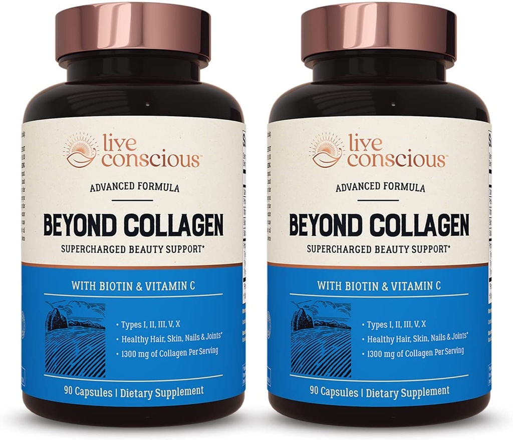 Live Conscious Beyond Collagen Multi Collagen Capsules - Types I, II, V & X 124; Hydrolyzed Blend with Biotin C for Hair, Skin, Nails 90 Capsules (2- Pack)