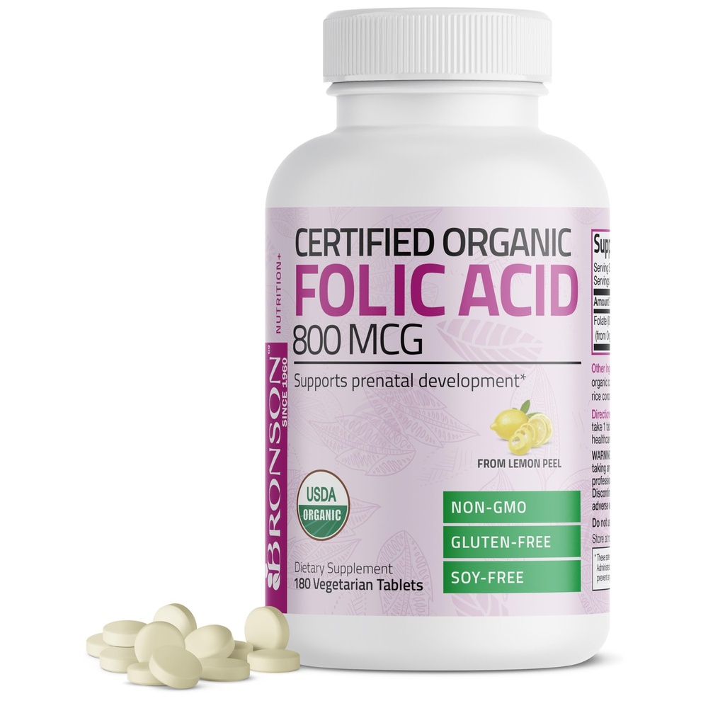 Bronson Organic Folic Acid (Vitamin B9 Folate) 800 mcg Folate dari Lemon Peel, 180 tablet