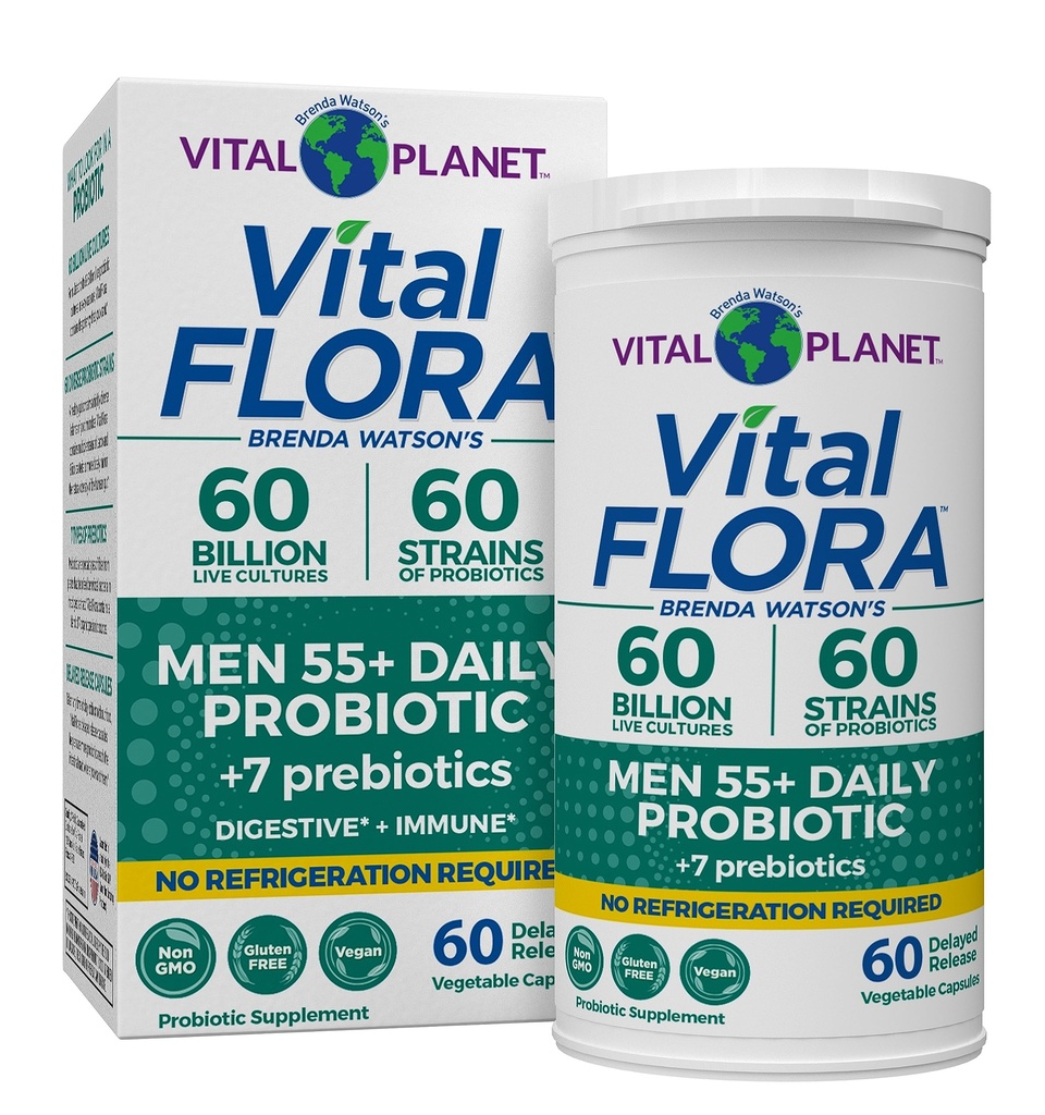 Planet Vital - Vital Flora Men Lebih dari 55 Daily Probiotic, 60 Billion CFU, Strains Diverse, Organic Pregories, Imune Dukungan, Digetical Health Shelf Propocable for Men, 60 Capsules