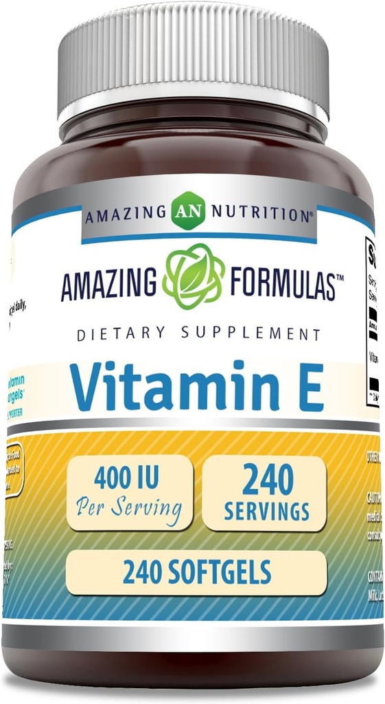 Amazing Formulas Vitamin E Suplemen 124; 400 IU Per Serving 124; 240 Softgels 124; Non-GMO 124; Gluten-Free 124; Made in USA