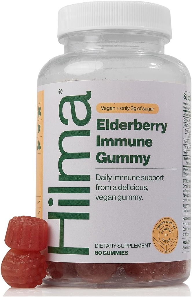 Hilma Elderberry Gummies Formulasikan dengan Vitamin C & Zinc, Natural, Vegan, Ingrediens Proven klinis, Suplemen Dukungan Ammune Plus Antioksidan, Natural Berry Flavor (60 Gummies)