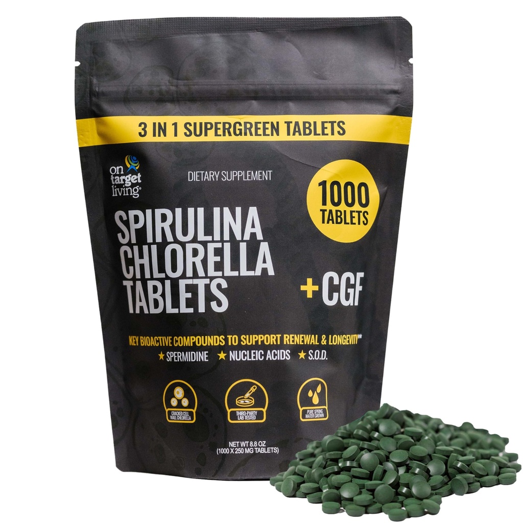Pada Target Living Spirulina Chlorella + CGF 124; 1000 Supergreen Tablet 124; Vegan 124; Ammune mendukung 124; Tinggi Protein 124; Alkalyzing 124; NUtrient Dense 124; Energy 124; Recovery
