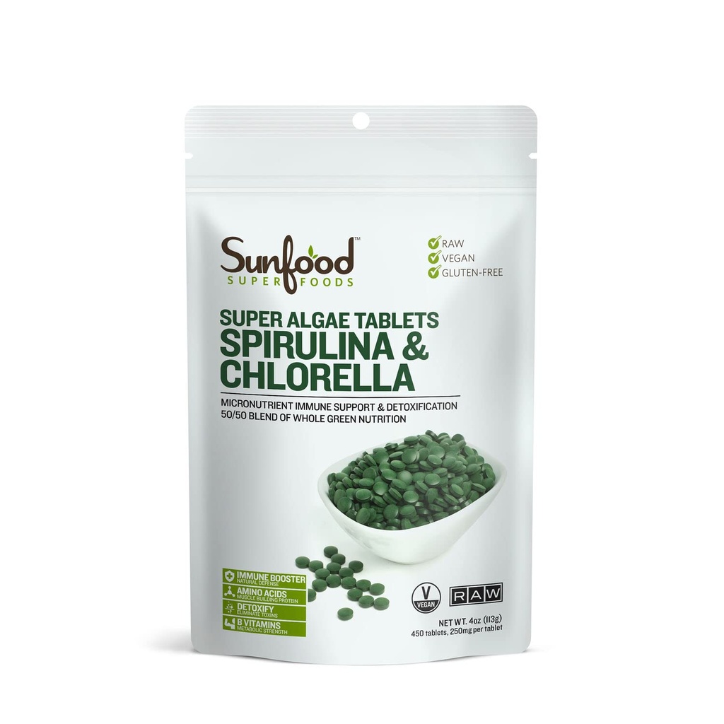 Sunfood Superfood Chlorella Spirulina Tablet - Spirulina dan Chlorella Green Algae untuk Perempuan & Men, Sumber Chlorophill, B Vitamin, dan Protein, Broken Cell Wall, Vegan - 4 oz Bag