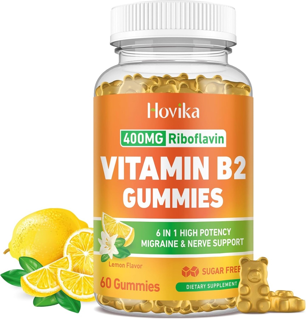 Vitamin B2 Gummies Riboflavin 400mg Tambahan untuk Pria & Perempuan - Murni Magnesium, Ashwagandha, CoQ10, Omega 3, Vitamin B12 - Migraine Relief & Energi, Gugup Sistem Dukungan - Sugar Free, 60 Count