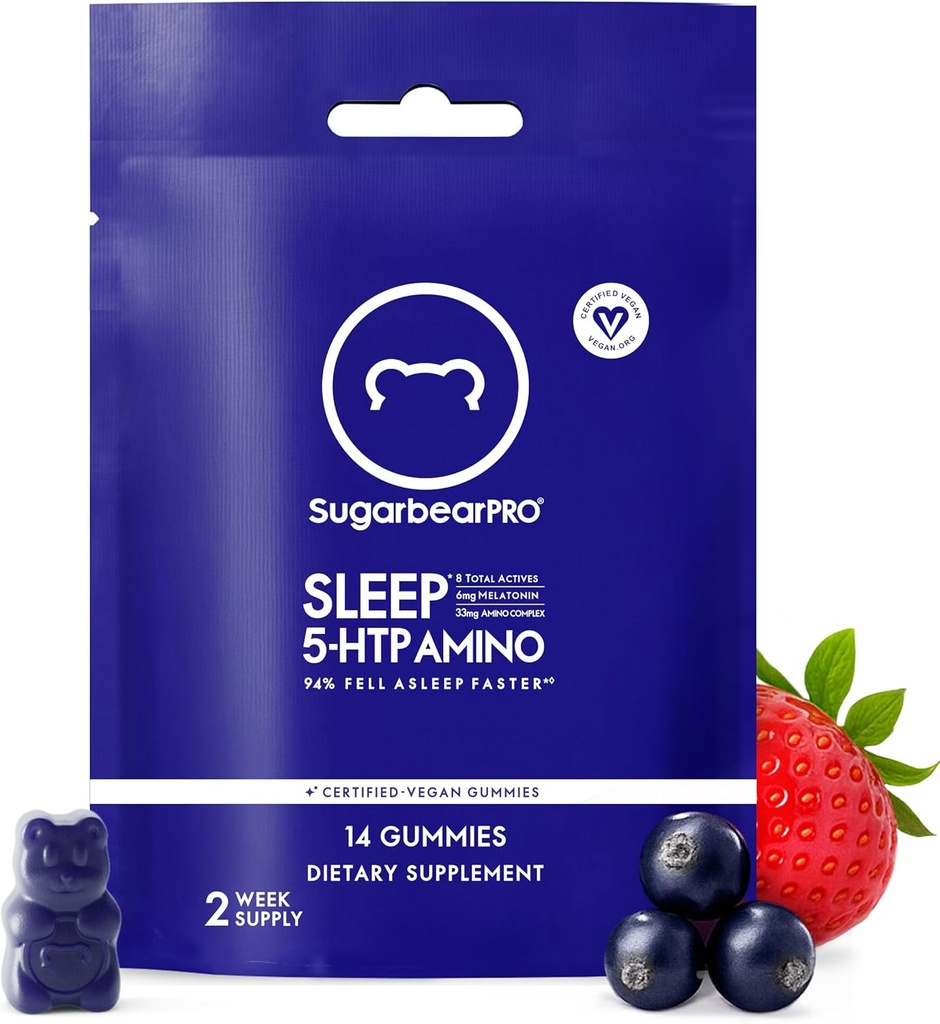 SugarBearPro Sleep Gummy 14 Day Suply, Extra Strength Melonatin 6mg, for Men & Women, Vegan Vitamin B6, L-Theanine, 5 HTP, Valerian, Sleep Aid for Dewata & Teens, Certifikasi Kosher