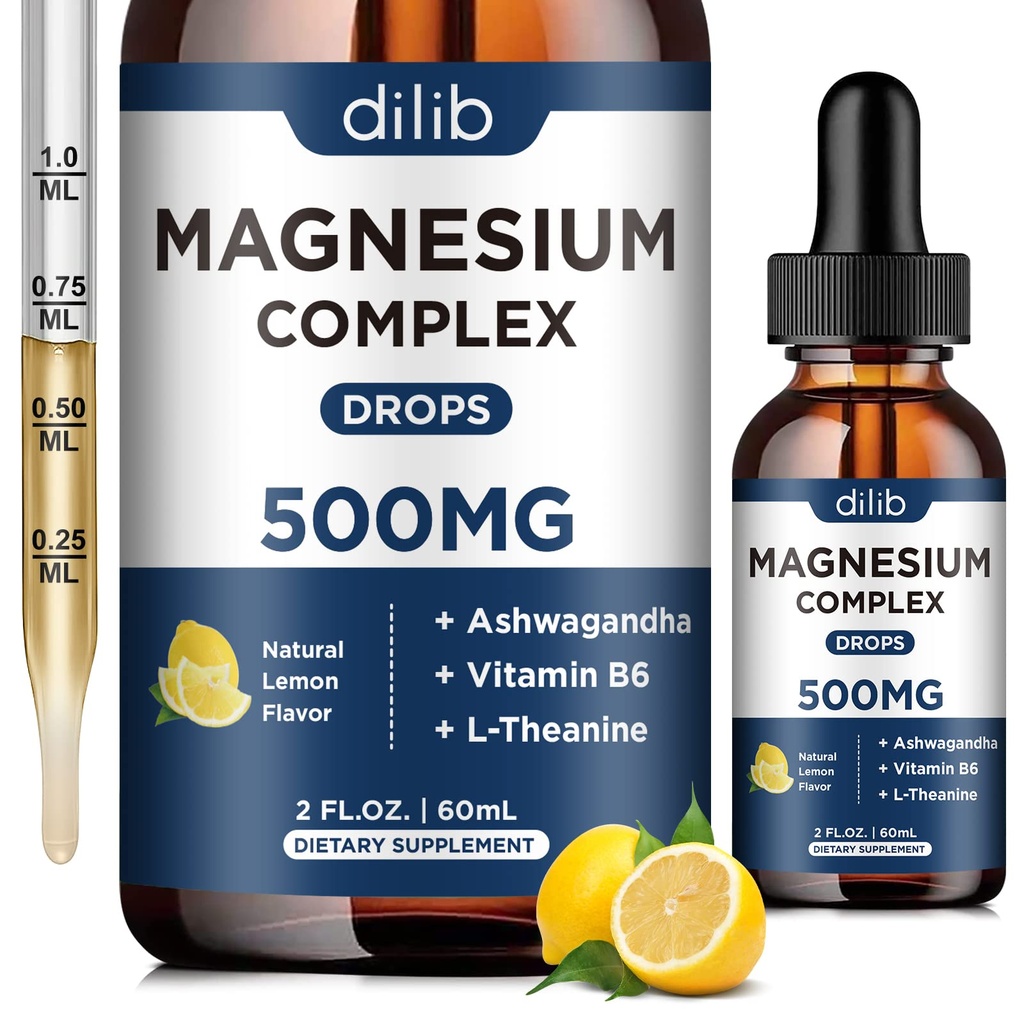 Magnesium Glycinate Liquid Drops, Triple Magnesium Complex Suplement with Citrate, Malate 500mg Ashwagandha, L- Theanine, Vitamin B6 untuk Tidur, Tenang, Stress Relief, Tulang, Muscle, Mood - Lemon Flavor