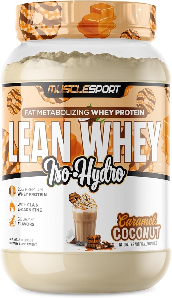 Musclesport Lean Whey Revolution Protein Powder - Whey Protein Isolate - Low Calorie, Low Carb, Low Fat, Incredible Flavors - 25g Protein per Scoop (2LB, Coconut Caramel)