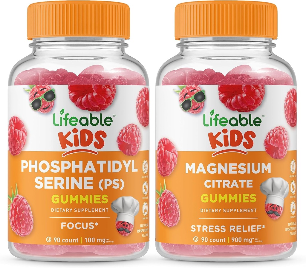 Lifeable Phoshatidyserine (PS) Kids + Magnesium Kids, Gummies Bundle - Great Tasting, Vitamin Suplemen, Gluten Free, GMO Free, Chewable Gummy