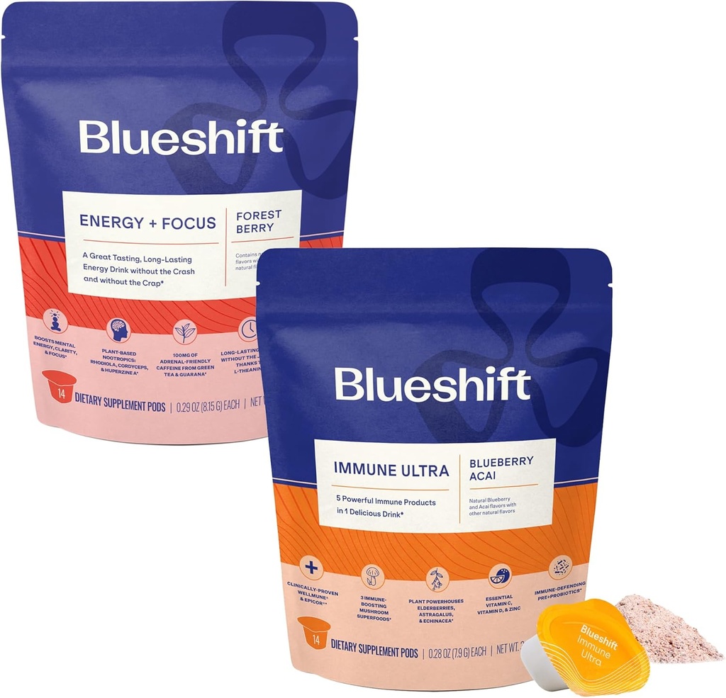 Blusperft Energy + Focus & Imune Ultra Bundle - Pods Energi, Poda Dukungan Imune, Campuran untuk Pertahanan Energi & Imune, Suplemen Vitamin - Energi + Focus (14 Pack) & Imune Ultra (14 Pack)