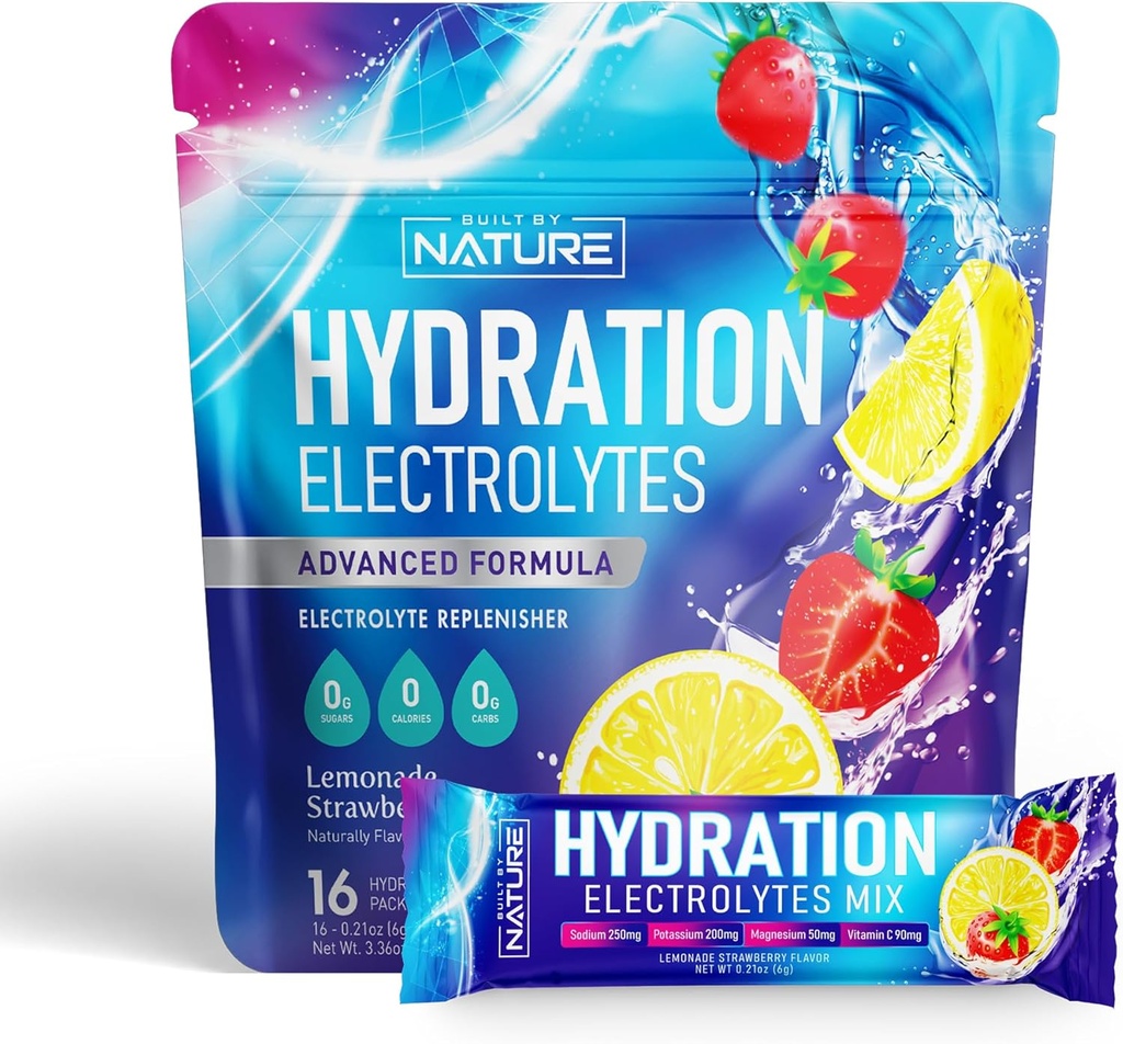Electrolytes Powder Hidration Package - Recovery Drink Mix with Sodium, Potasium, Magnesium, Kalsium, Vitamin C & Zinc - Sugar Free, Keto, Non GMO & Vegan - Strawberry Lemonade - 16 Tongkat