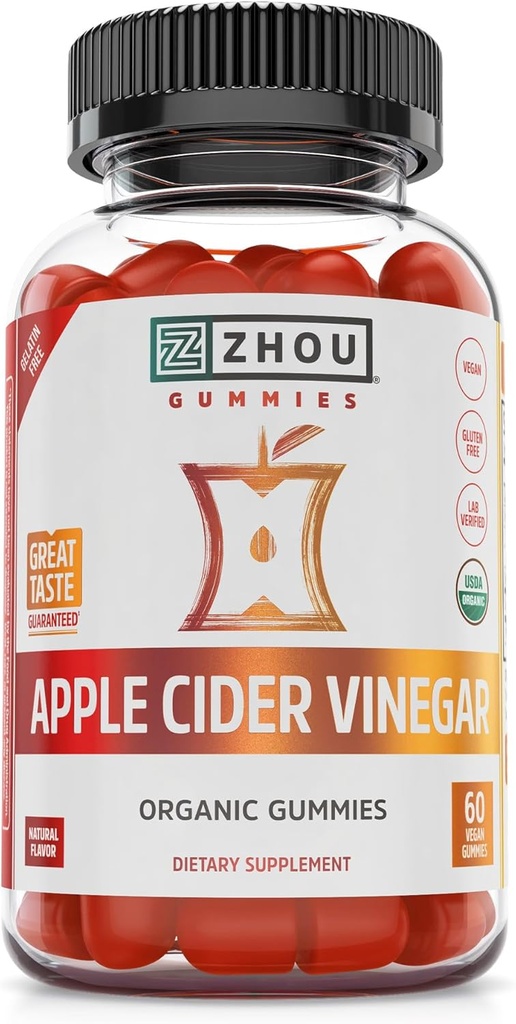 Zhou Apple Cider Vinegar Gummies - ACV Gummies untuk Perempuan dan Pria dengan Elderberry, Lezat Rasa dengan Gula Cae Raw, USDA Organik - Gummi Vegan 60