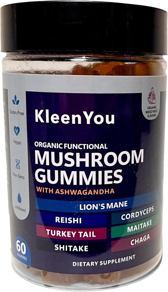 Gummies Tambahan Mane & Ashwagandha Singa - Komprehensif Jamur untuk Dukungan Cognitive & Imune, Vegan Blend dengan Reishi, Cordyceps - Low Carb, 60 Amoranic Mushroom Gummies