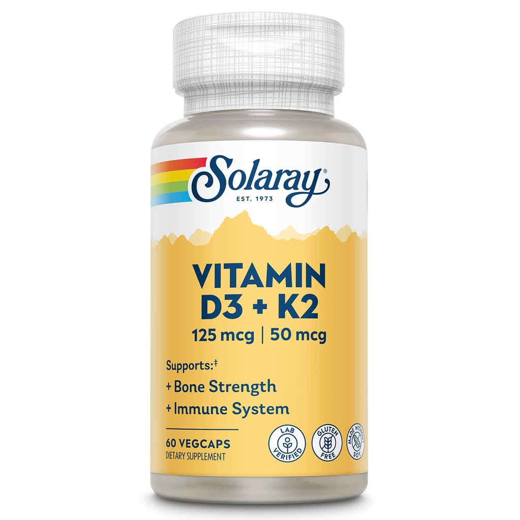 SOLARAY Vitamin D3 K2 - Bone Health and Imune Support - with 5000 IU Vitamin D as VIT D3 and 50 mcg Vitamin K2 as Menoquinone MK7, Made Without Soy, 60-Day Affitee, 60 Serv, 60 VevCaps
