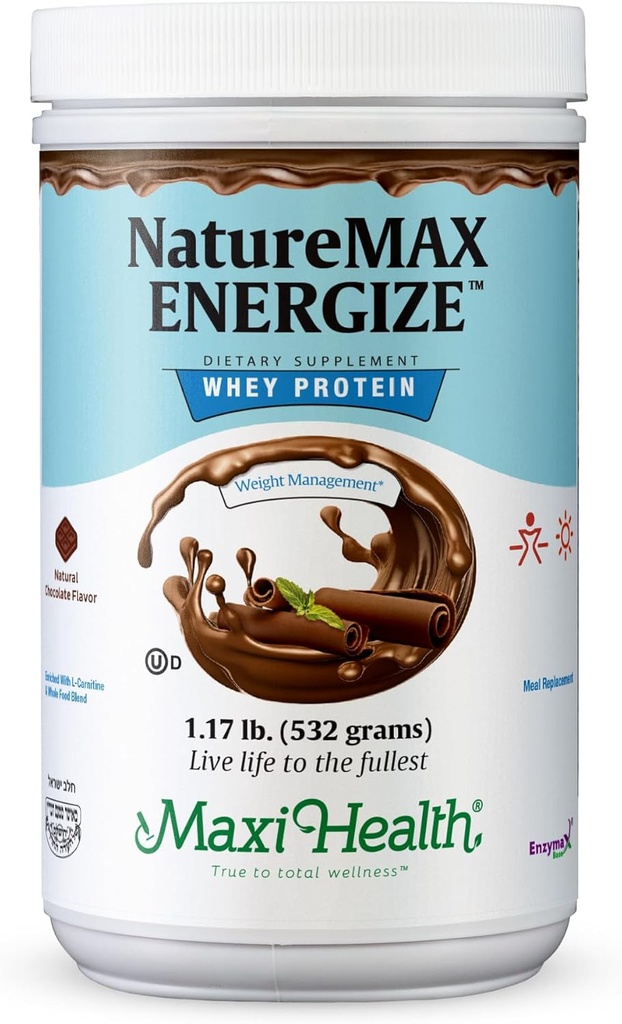 NaturreMax EnergizeTM Whiy Protein Powder- Energy Dukung Pengganti Meal - 20g Protein Per Serving - Natural Chocolate Flavor - Kosher Dairy Vitamin - 1.17lb