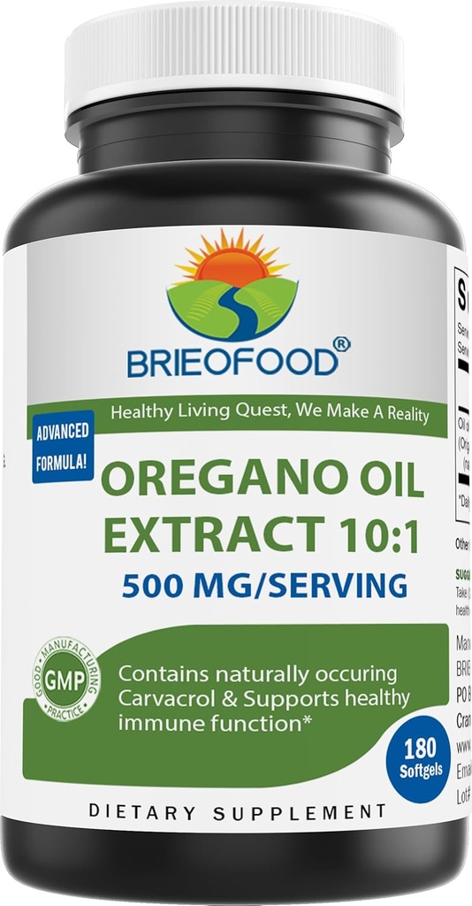 Brieofood Oregano Oil 10: 1 Ekstrak 500 mg per Serving - Beribu Secara alami Menduduki Carvacrol - Kebal Kebal Sehat - 180 Softgeels
