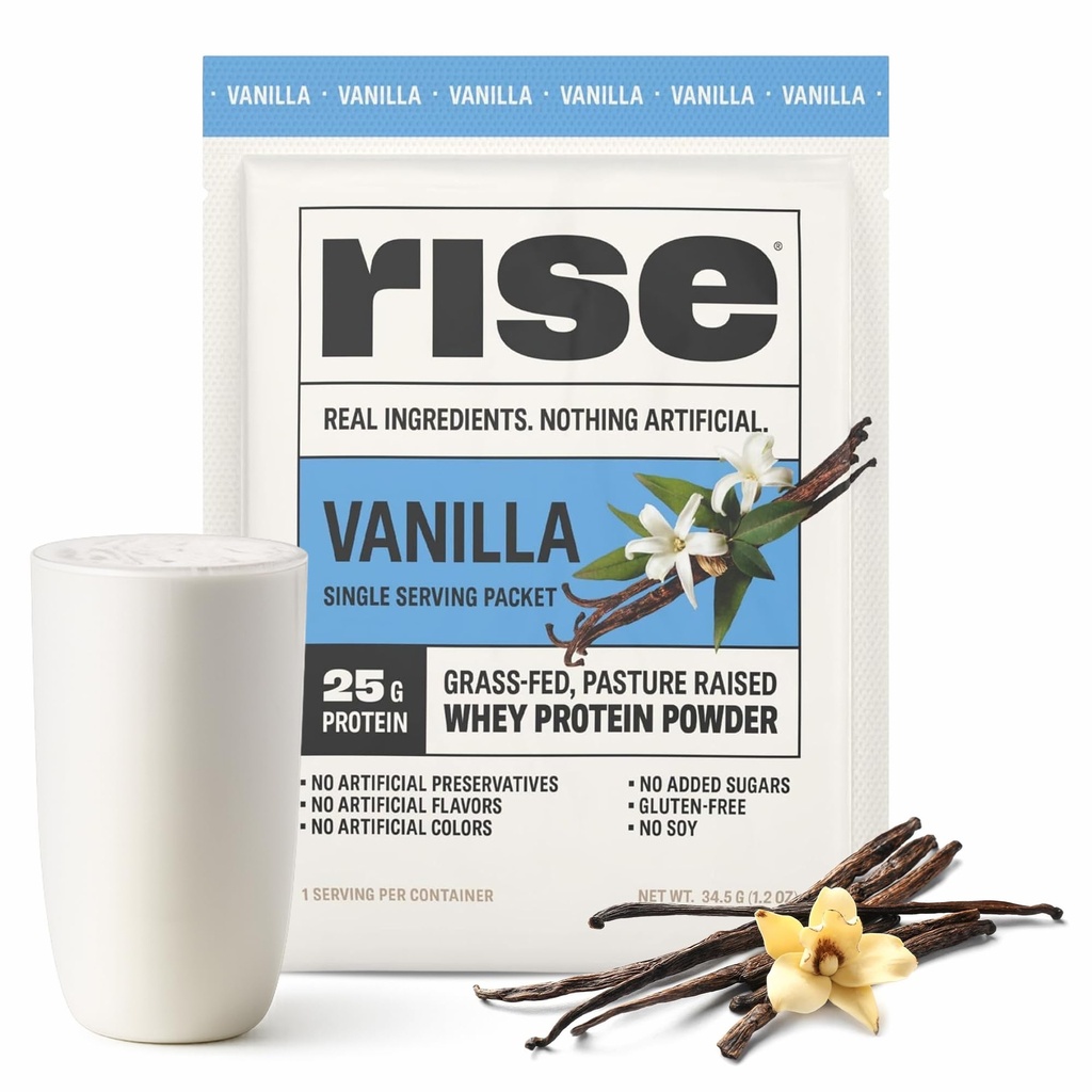 Rise Grass- Fed Whey Protein Powder - Vanilla 124; 25g Protein No Artificial Flavors, Colors, or Preservatives - Sugar Free, Gluten- Free, Soy Free (Single Serving, 1 Pack)