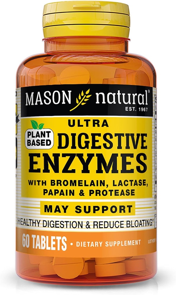 Mason Natural Plant - berbasis Ultra Digeptical Enzymes, dengan Bromelain, Lactase & Papain, Pasokan Diffic & Bloating Relief, 60 Capsules, Paket 3